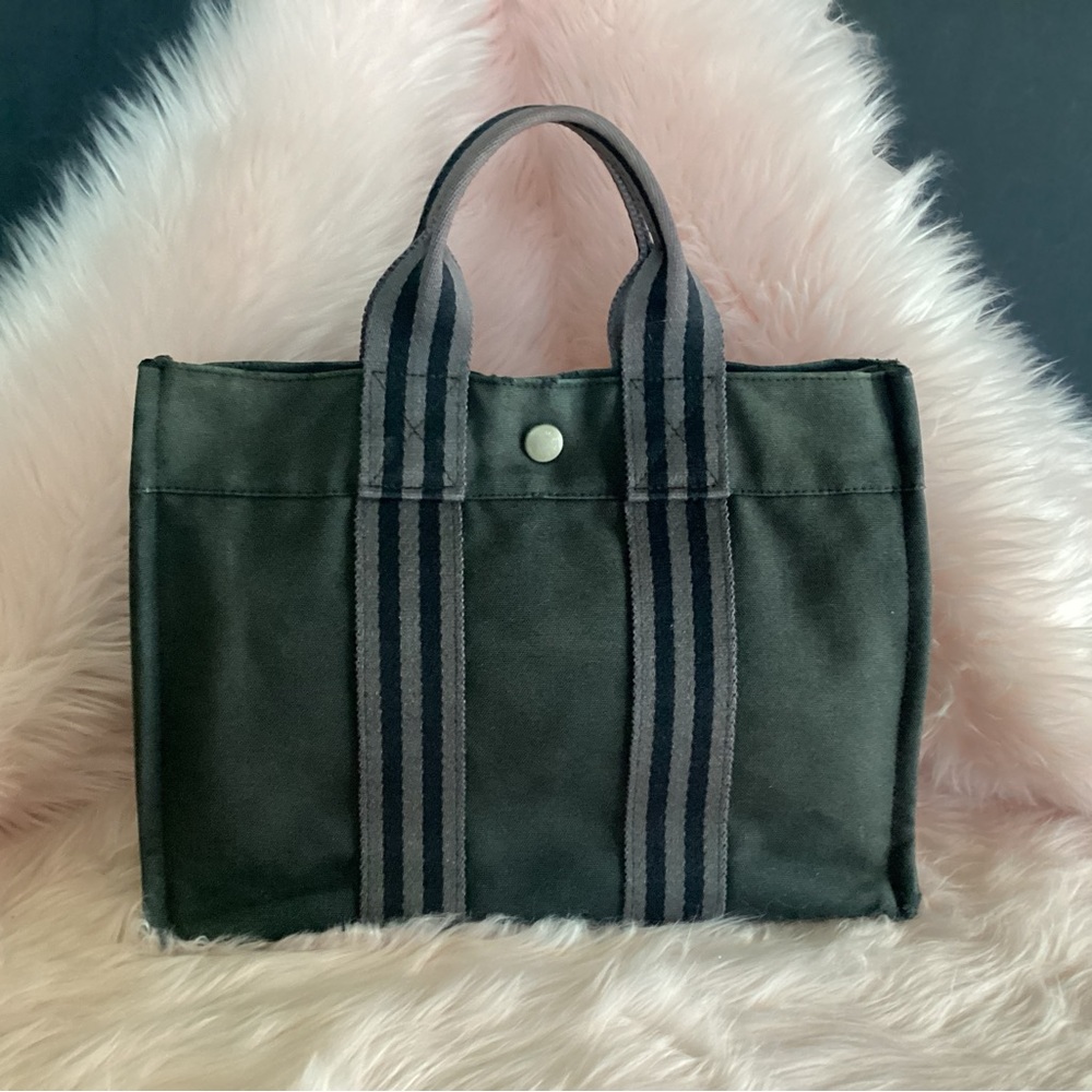Hermes vintage black canvas bag with gray striped straps and silver hardware - Picture 2 of 12